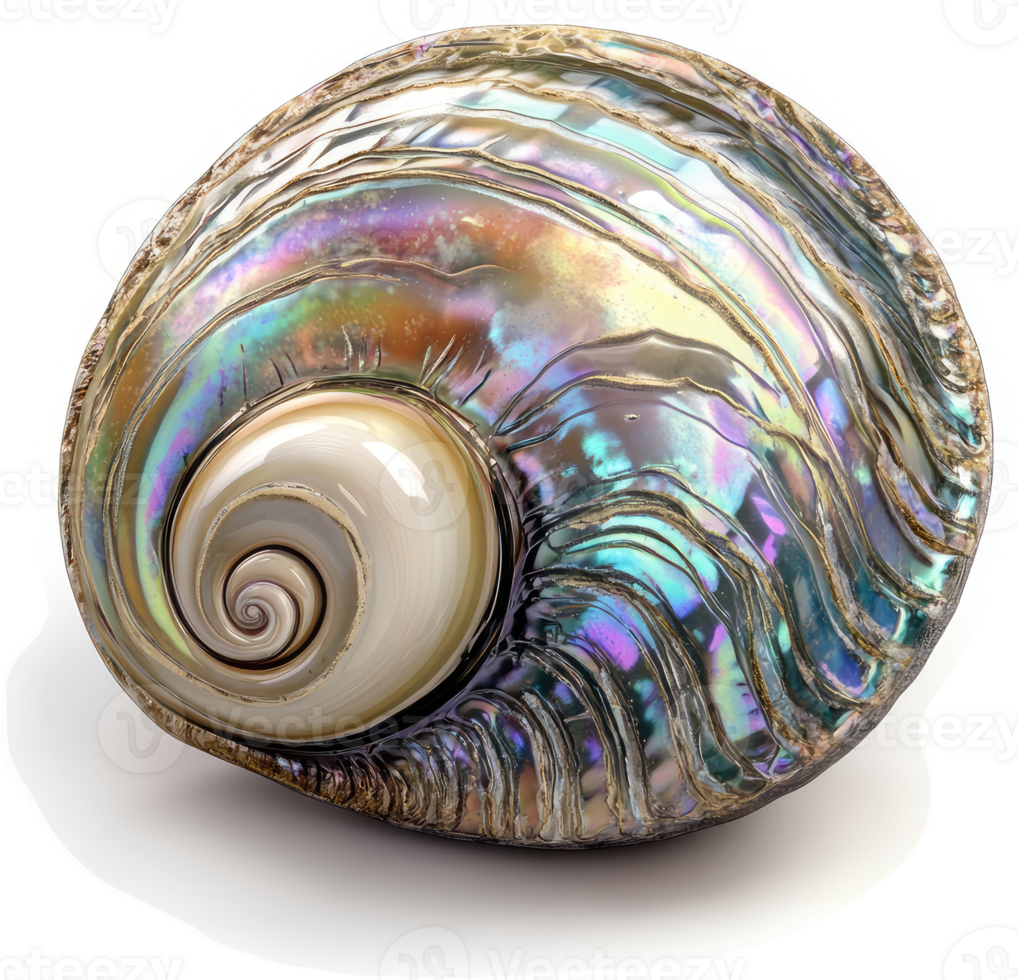 A vibrant iridescent abalone shell displays intricate layers of color. png