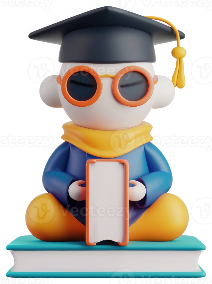 Smiling graduate student seated on a book, holding a book. png
