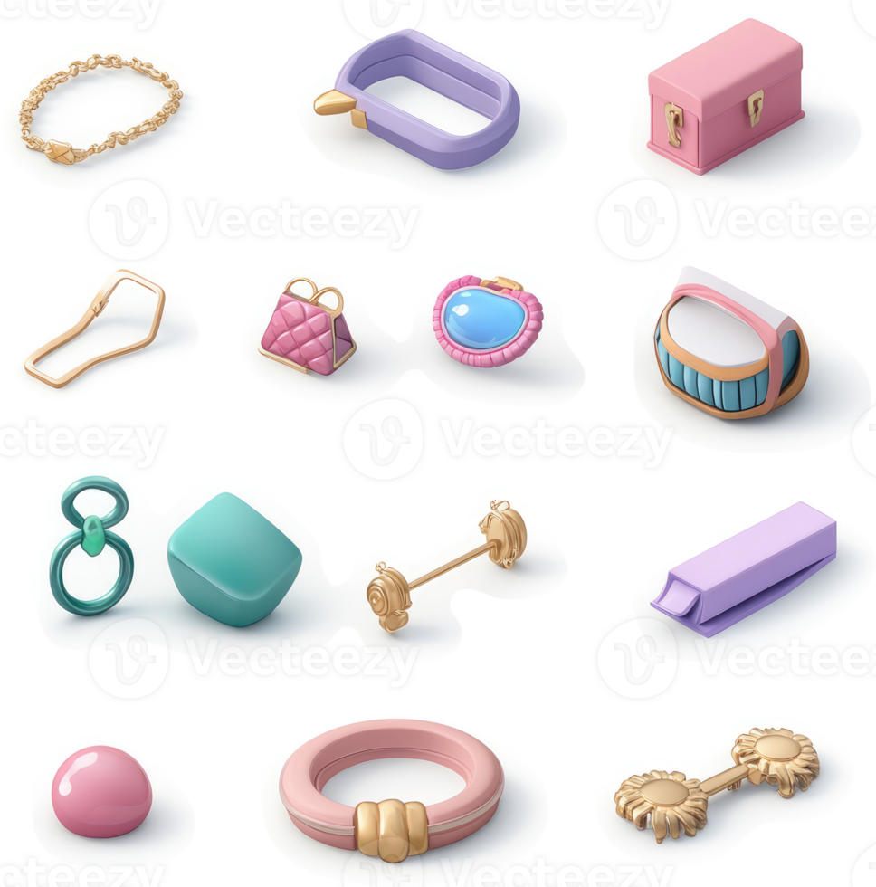 Stylish, pastel-toned accessories displayed in an isometric view. png