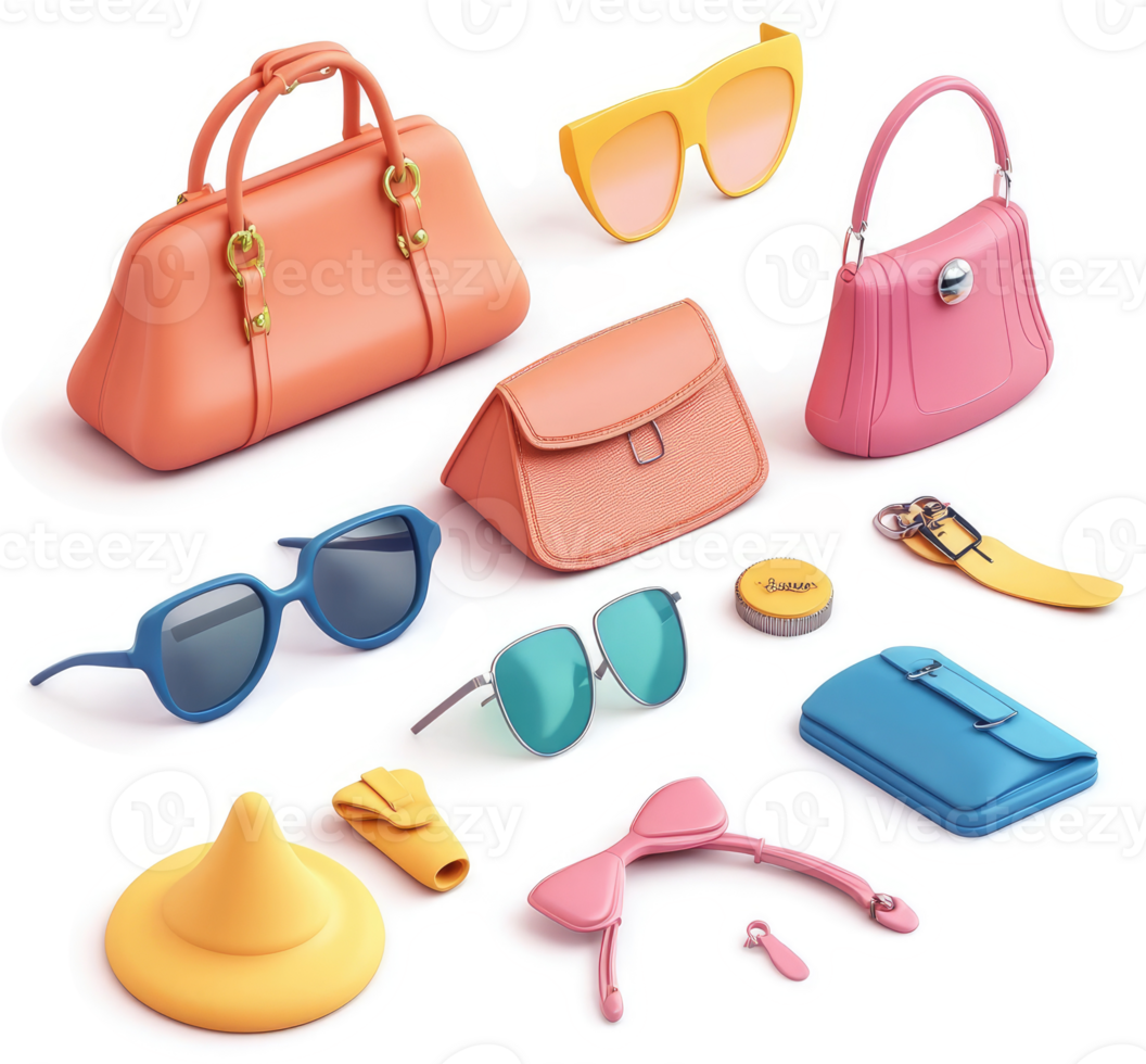 Colorful assortment of women's accessories and handbags. png