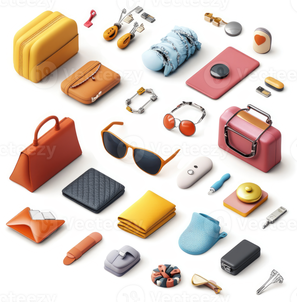 Assorted travel and personal items displayed in a grid layout. png