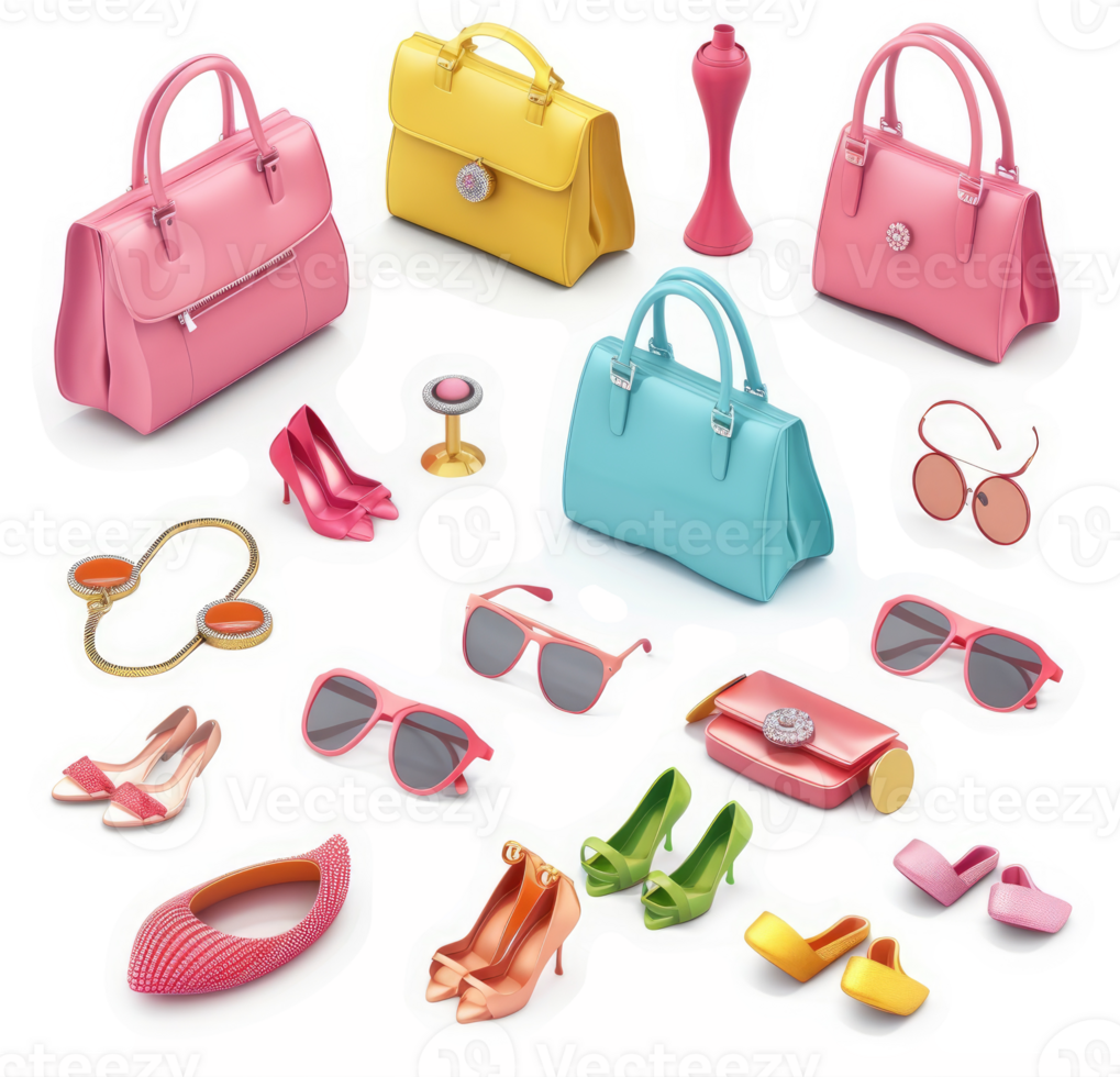 Colorful collection of fashionable accessories and handbags. png