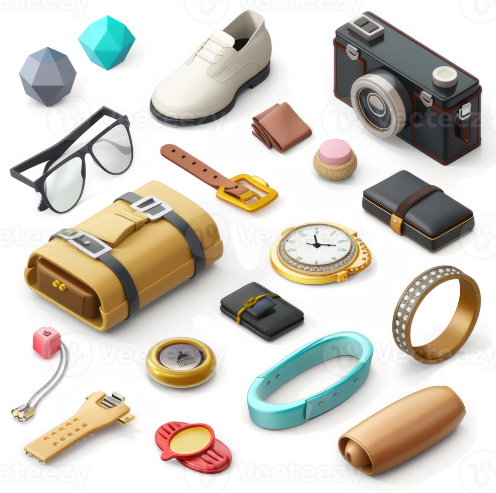 Assorted personal accessories and fashion items depicted in an isometric style. png
