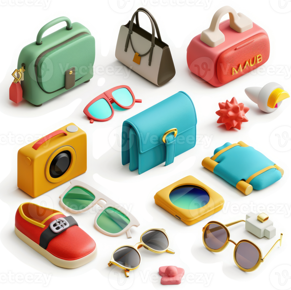 Colorful assortment of fashionable accessories and travel items. png