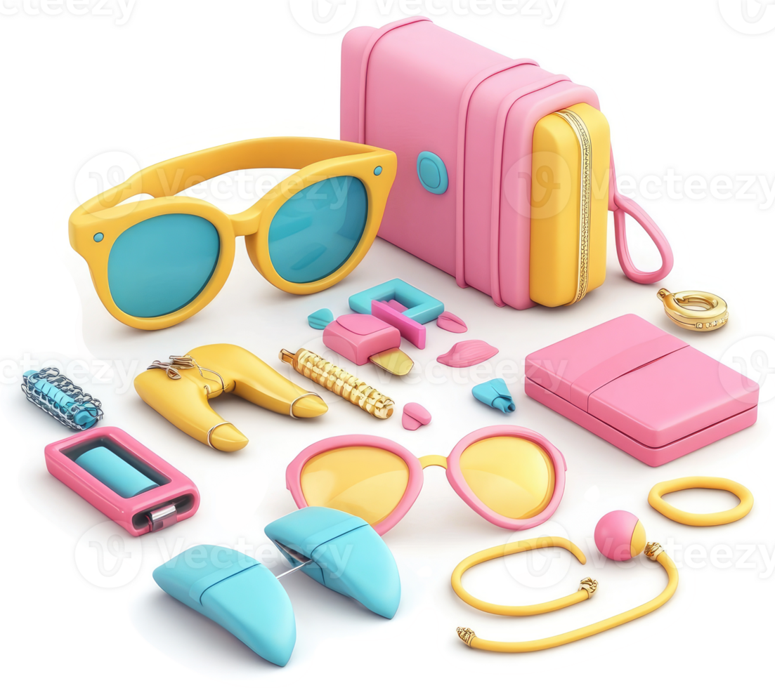 Colorful fashion accessories arranged in a playful display. png