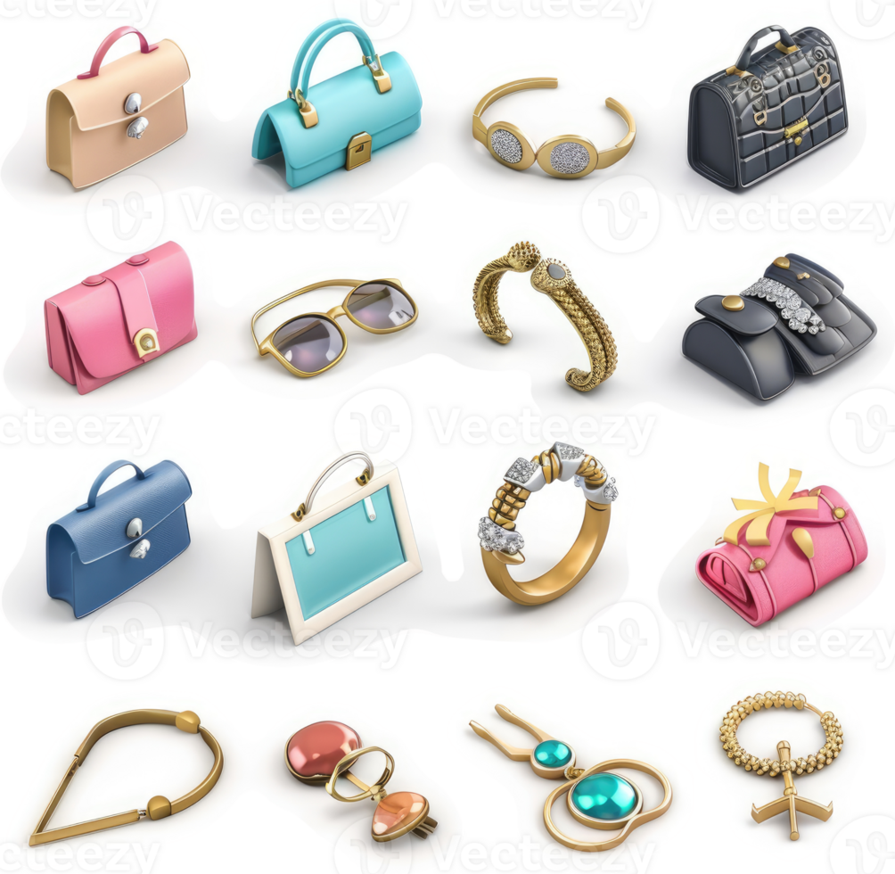 Collection of fashionable accessories and handbags. png