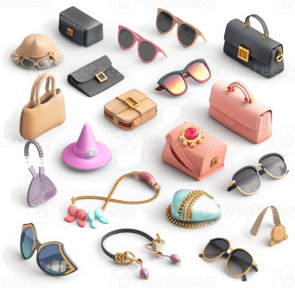Assorted feminine accessories and handbags in a variety of colors and styles. png