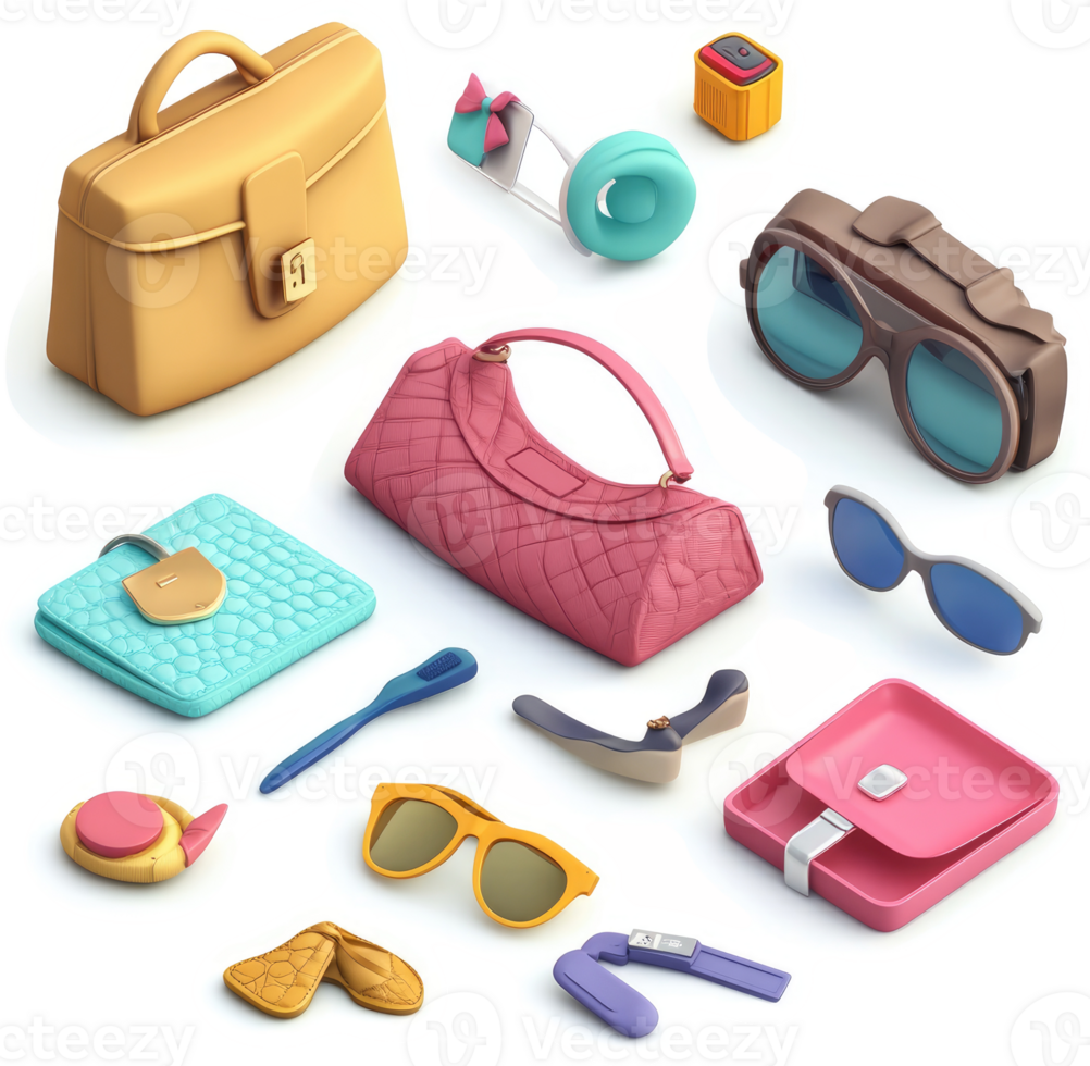 Assorted fashion accessories and personal items depicted in a 3d style. png