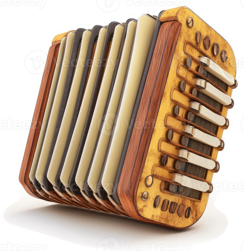 Vintage, compact accordion in a 3D rendering. png