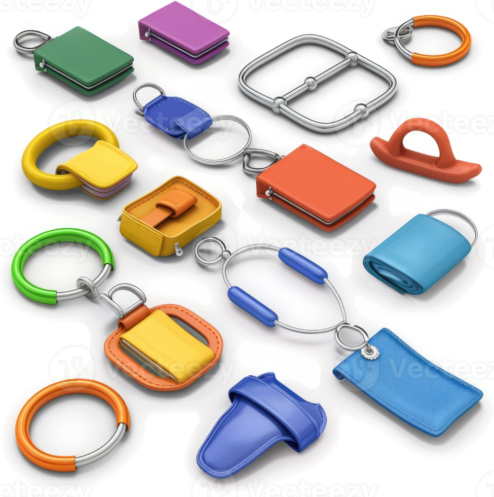 Colorful keychains featuring various designs and materials. png