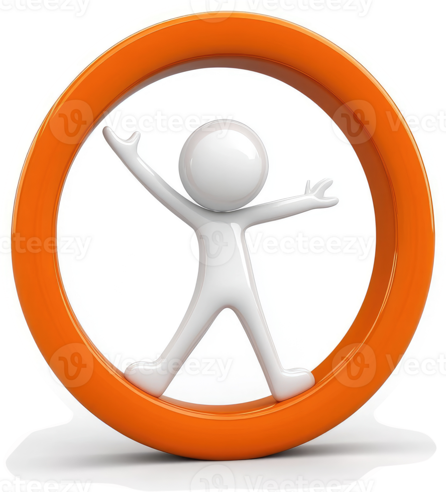 White figure joyfully positioned within an orange circle. png