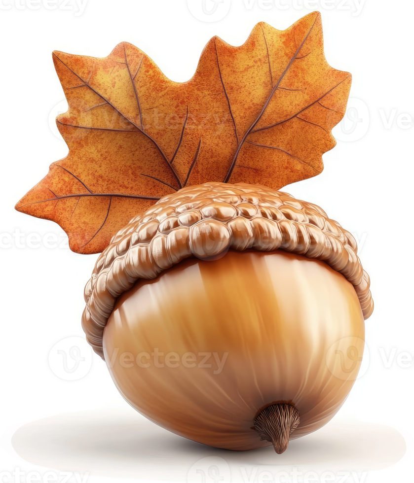 A detailed illustration of an acorn with an autumn leaf. png