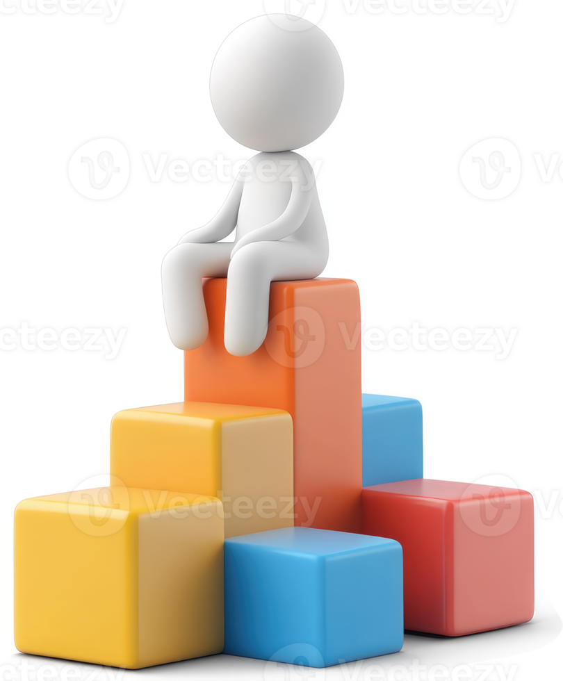 White figure seated atop a colorful, ascending stack of blocks. png