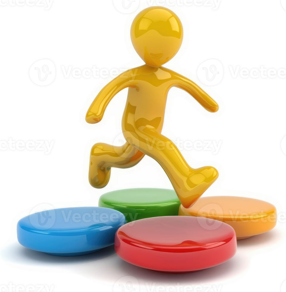 A vibrant yellow figure leaps over colorful stepping stones. png