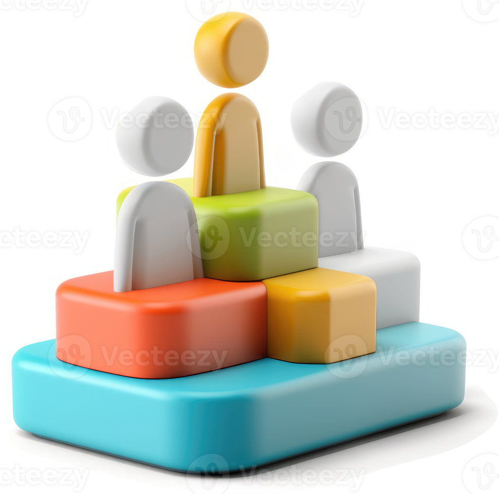 Colorful tiered platform featuring three stylized figures. png