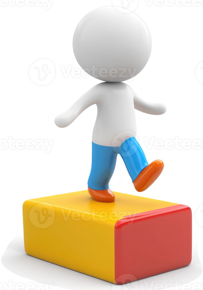 Three-dimensional figure stands on a colorful block. png