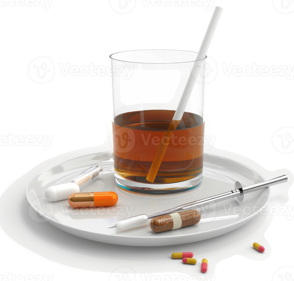 A collection of medication and liquid, arranged on a plate. png