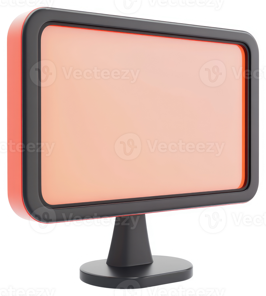 A three-dimensional rendering of a modern, coral-colored computer monitor. png