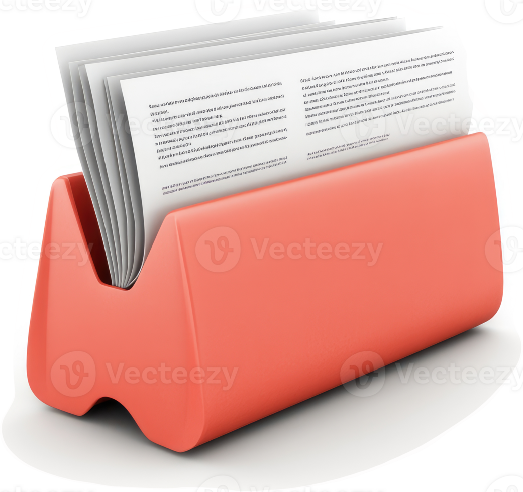 Coral-colored document holder displaying stacked papers. png