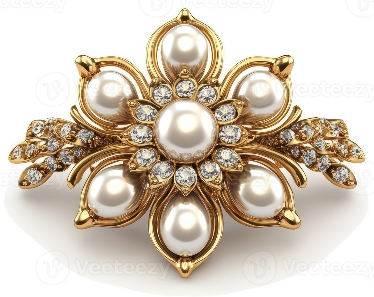 Gold-toned floral brooch adorned with pearls and diamonds. png