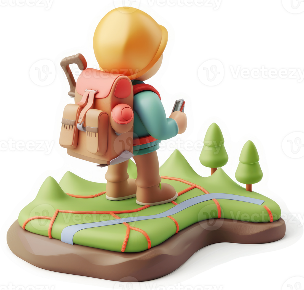 Cartoon hiker on a stylized landscape. png