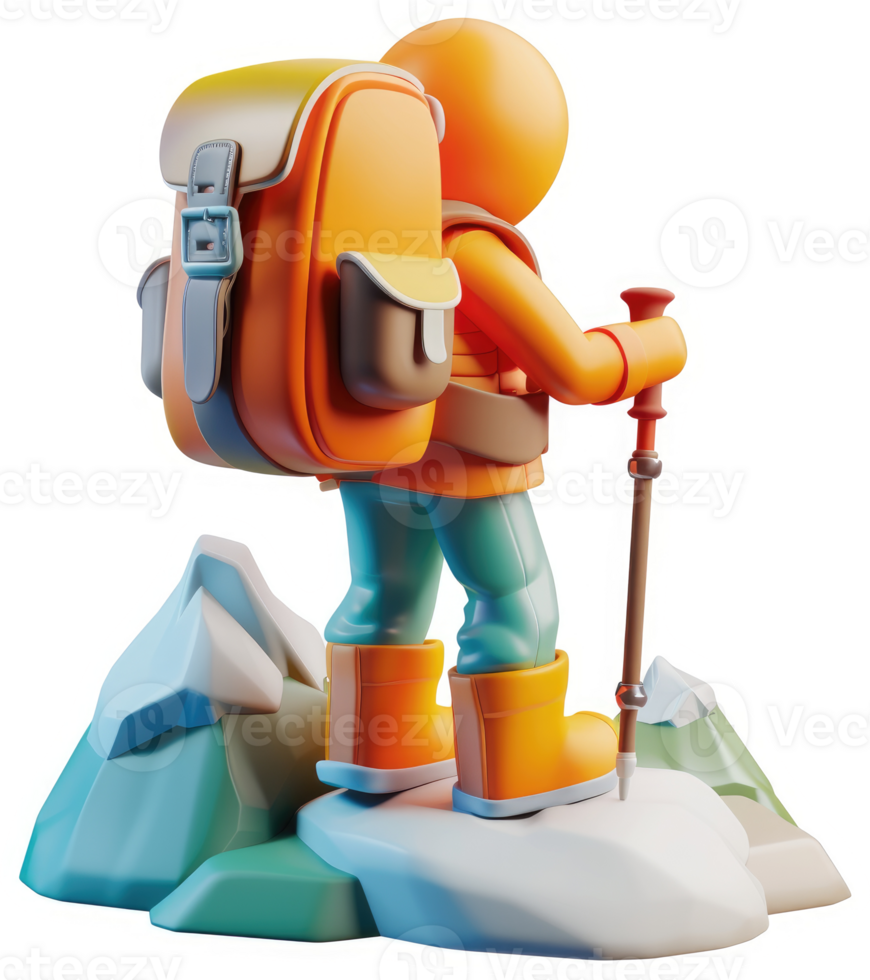 A cheerful figure stands atop a mountain peak, hiking. png