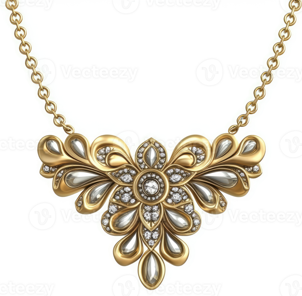 Ornate gold and diamond necklace featuring a floral design. png