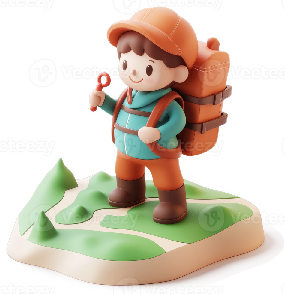 Smiling cartoon boy with backpack enjoys a hike. png