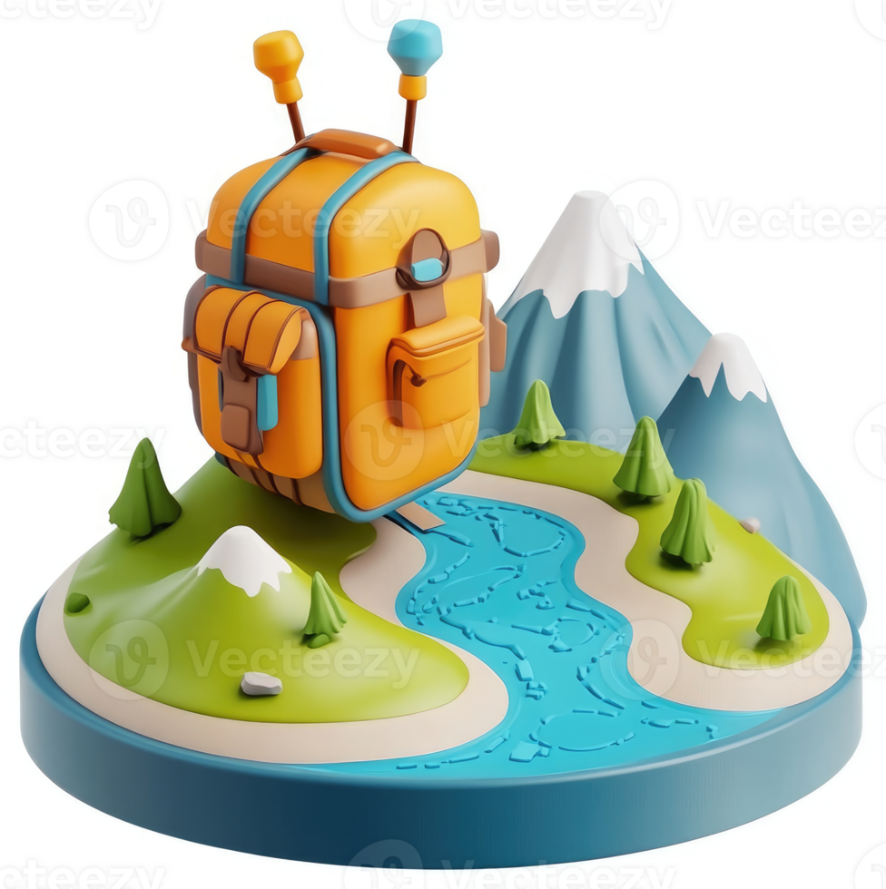 Floating hiking backpack over a scenic mountain path. png
