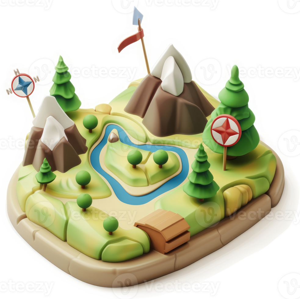 A whimsical, stylized, 3D model of a mountainous island. png