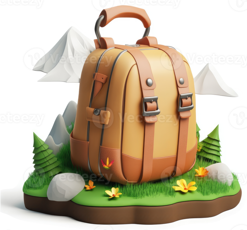 Stylish, 3D rendered hiking backpack on a nature scene. png