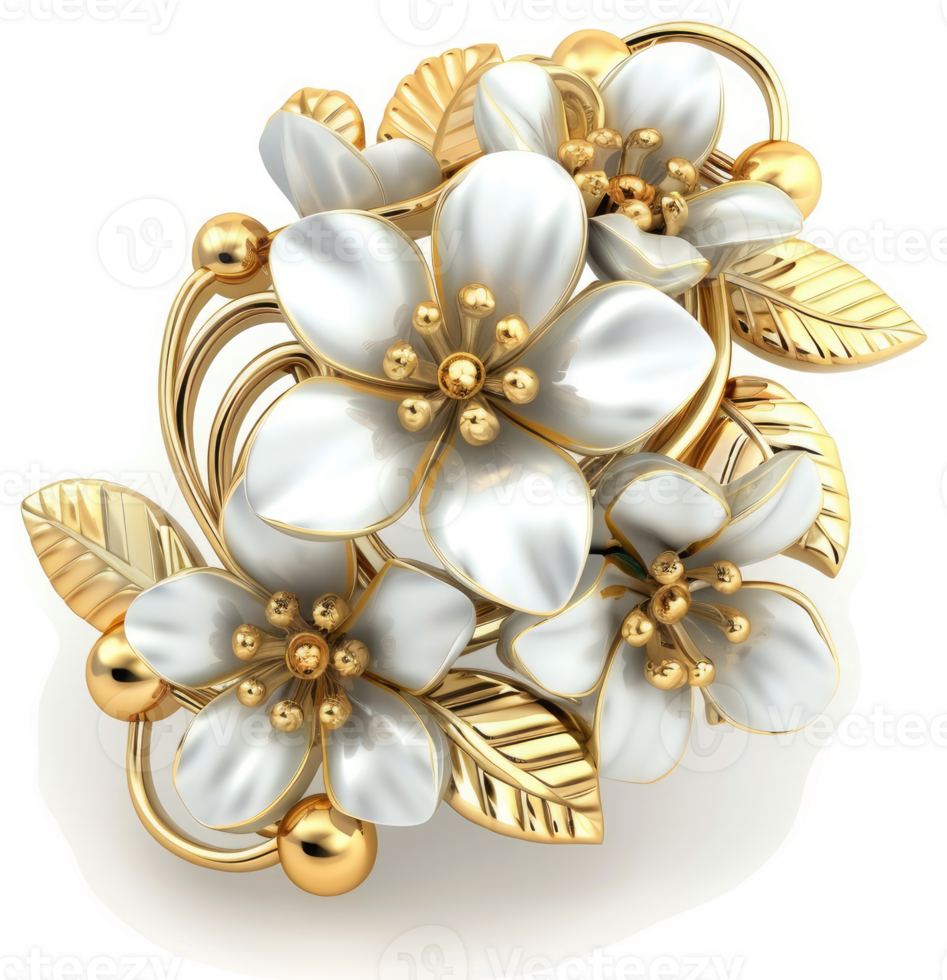 Exquisite gold and white floral brooch design. png