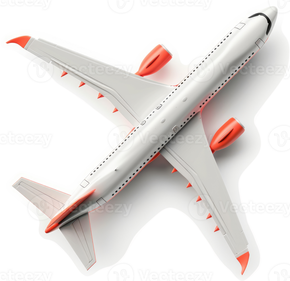 High-angle view of a white passenger jet above a green landscape. png