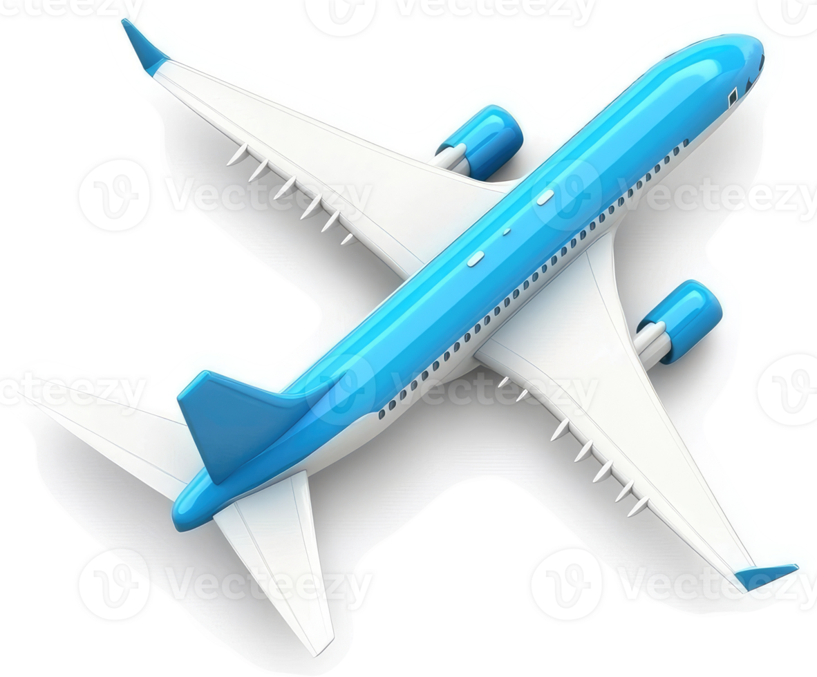 Modern jetliner in vibrant blue and white hues. png