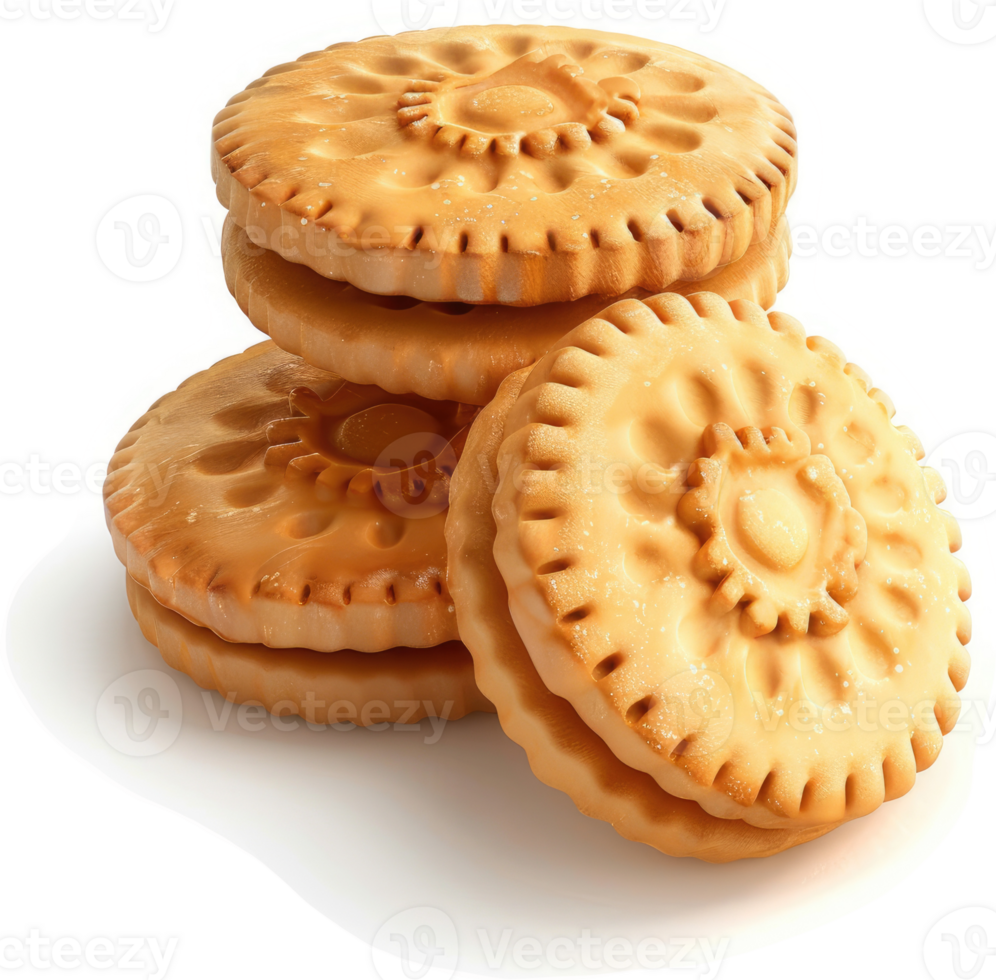 Stack of golden sandwich cookies with decorative patterns. png