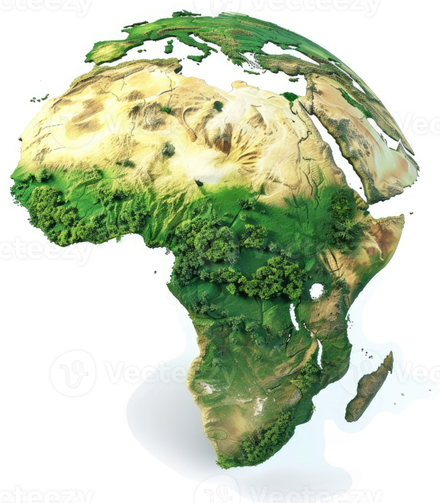 Detailed 3D model of Africa's terrain and vegetation. png