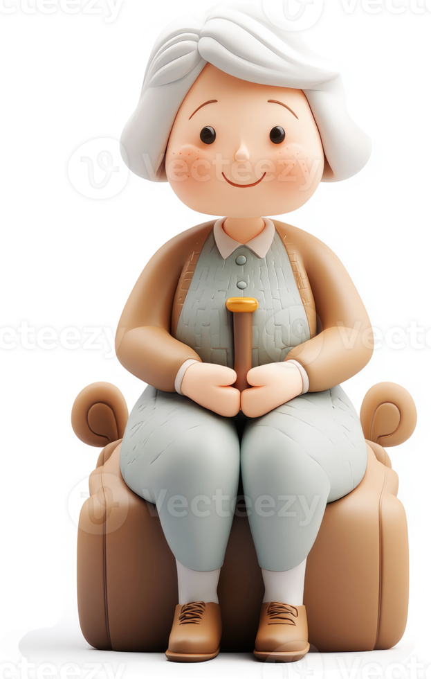 Smiling elderly woman seated on a decorative chair. png