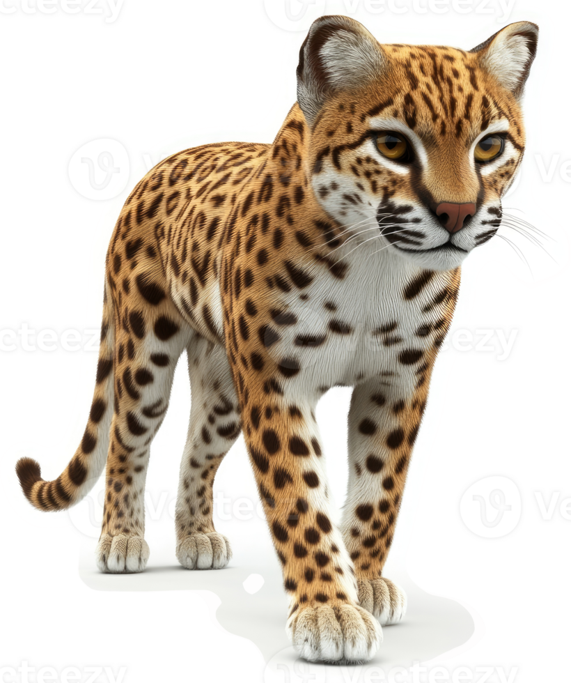 Spotted feline predator in alert posture. png