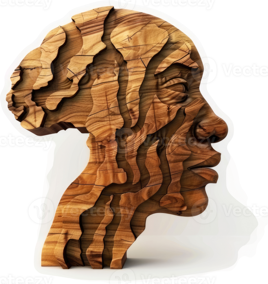 Intricate wooden sculpture of a profile head. png