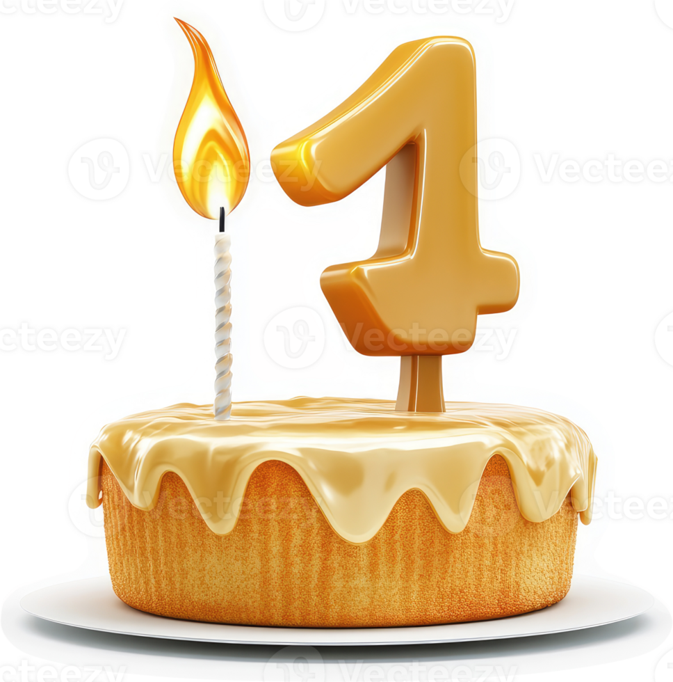 Golden first birthday cake with a burning candle. png