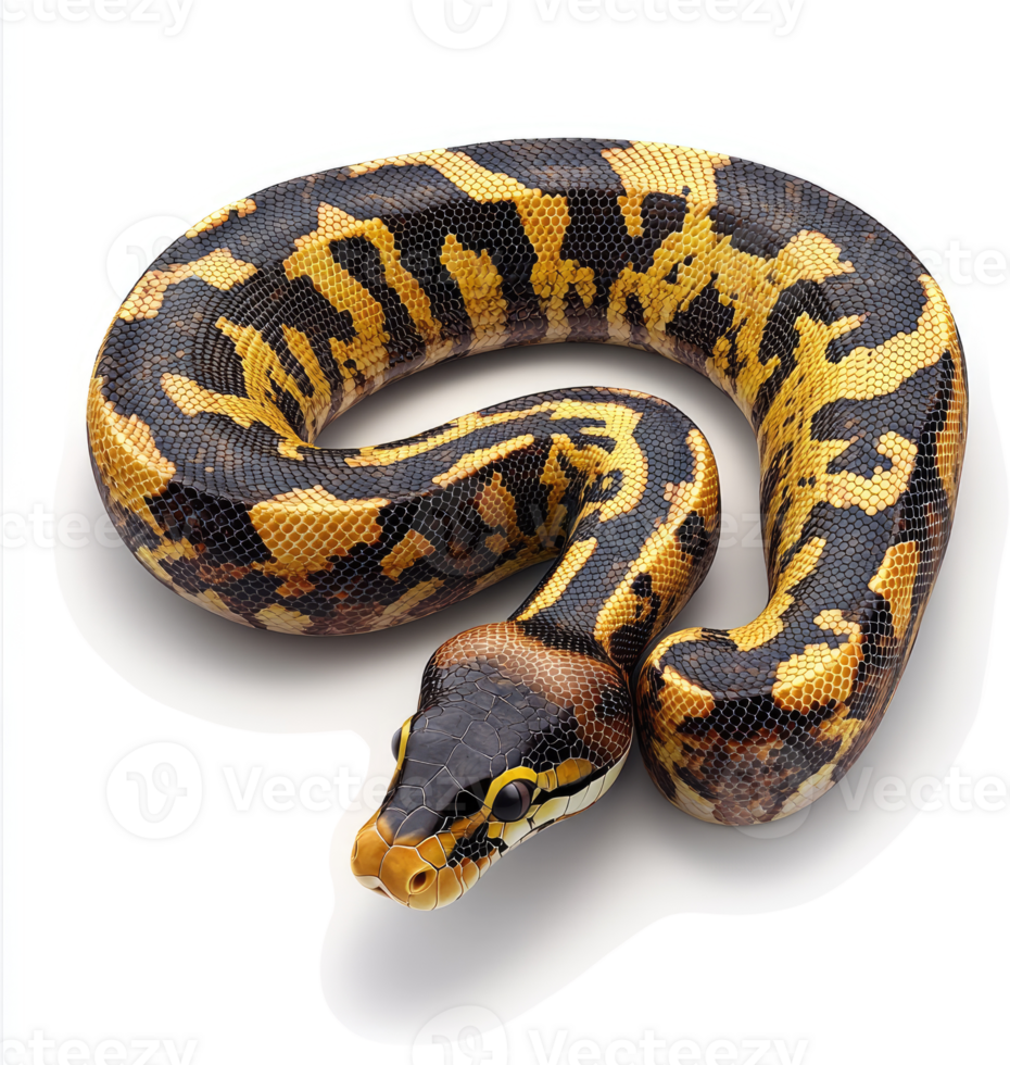 A curled ball python displays striking patterns. png