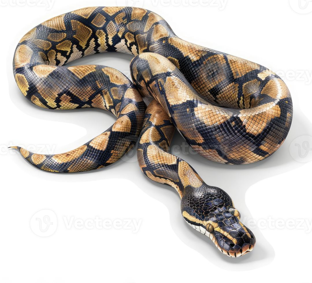 Reptilian beauty, a curled python, with intricate patterns. png