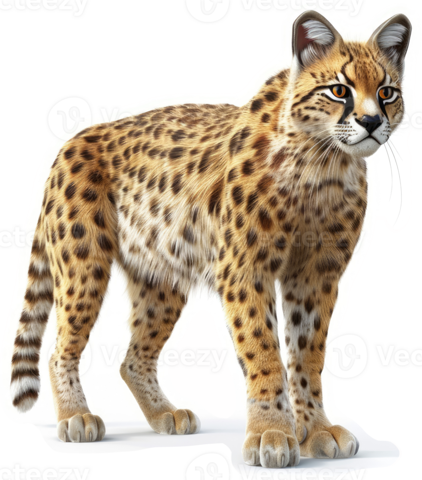 A serval stands poised against a white background. png