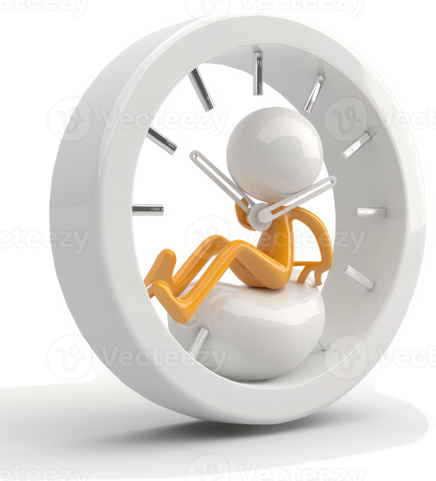 A small, orange figure is seated within a large, white clock face. png
