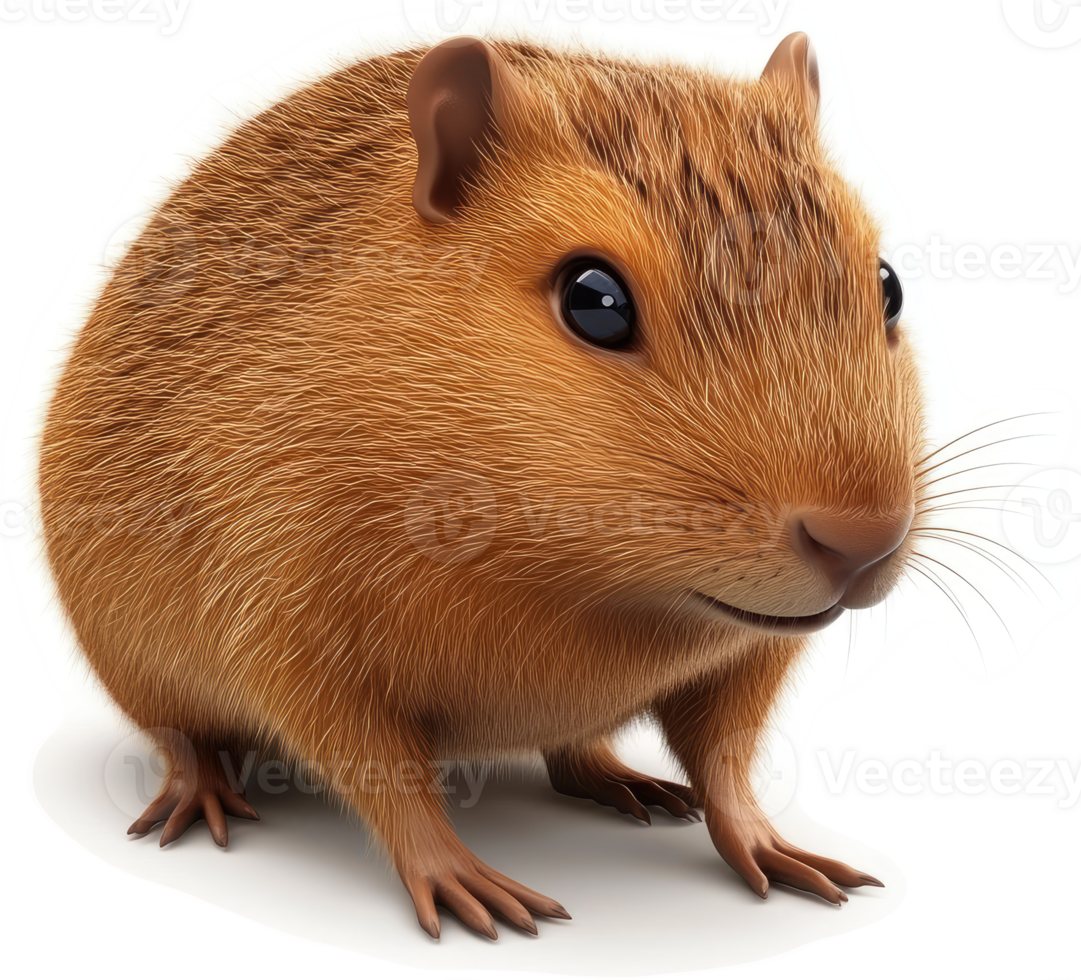 Close-up view of a plump, reddish-brown rodent. png