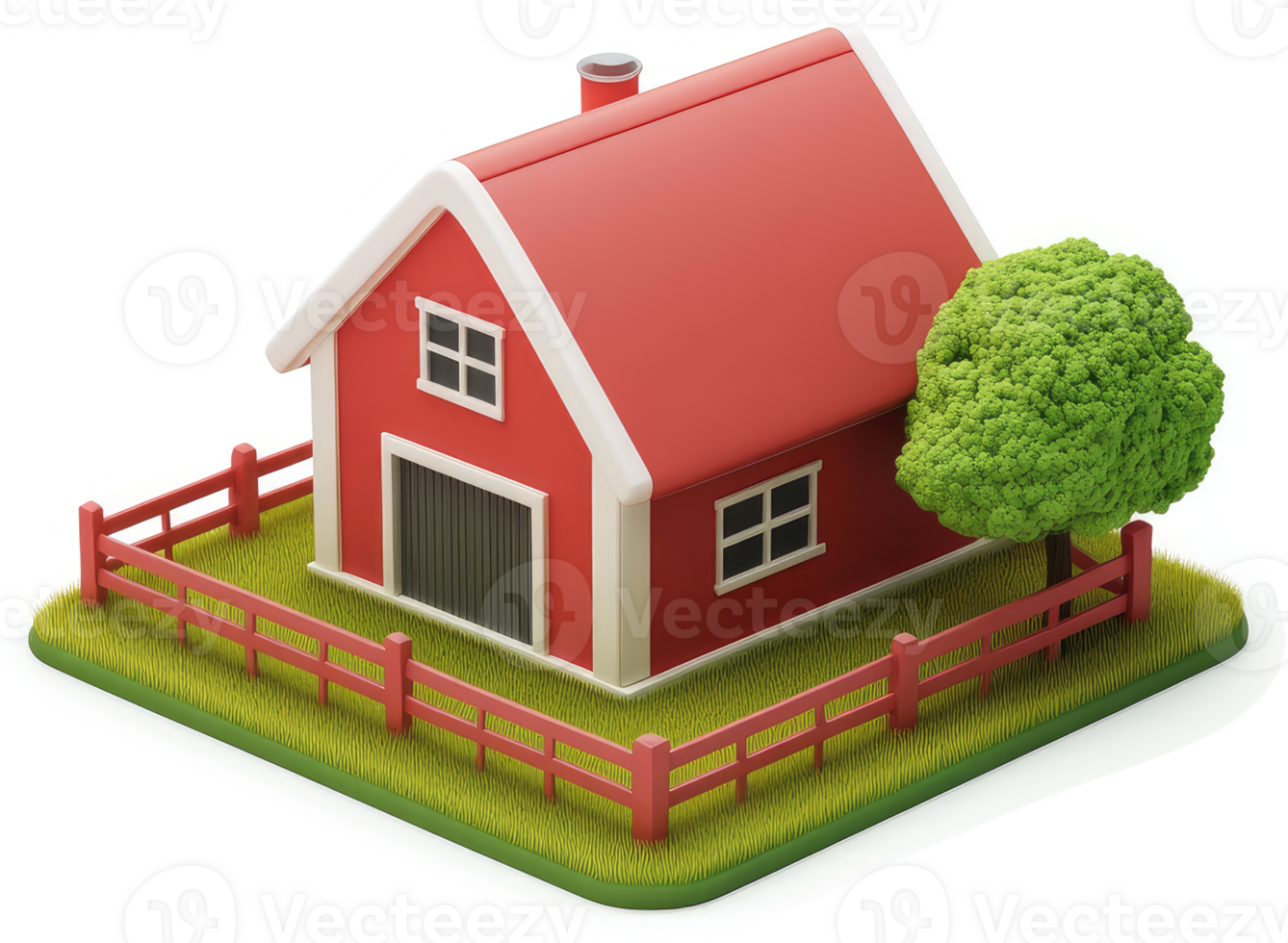 Red cottage with a picket fence and small tree. png