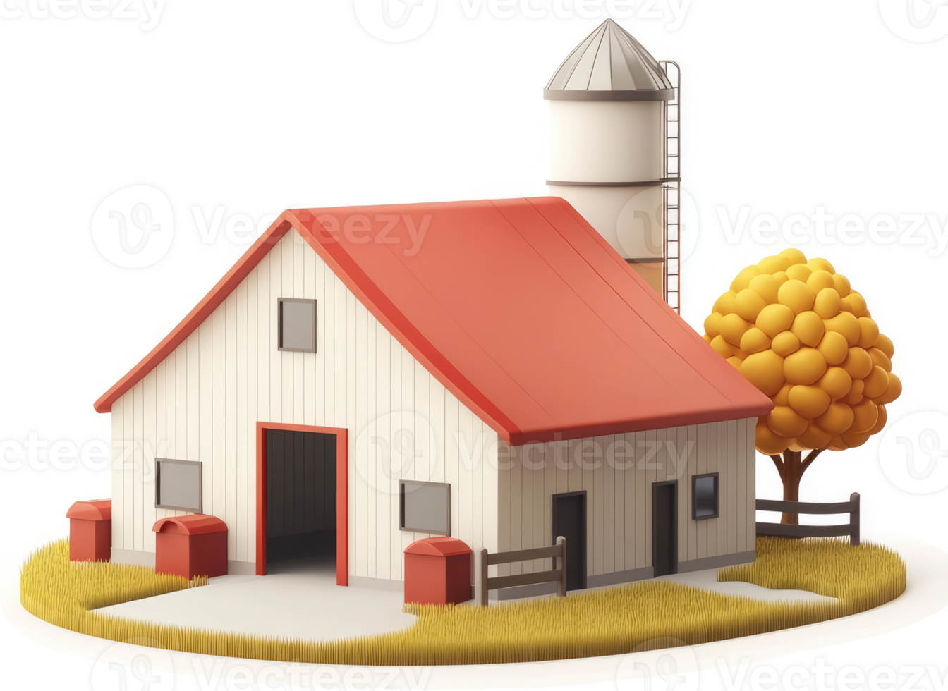 Rural farm scene with barn and silo. png