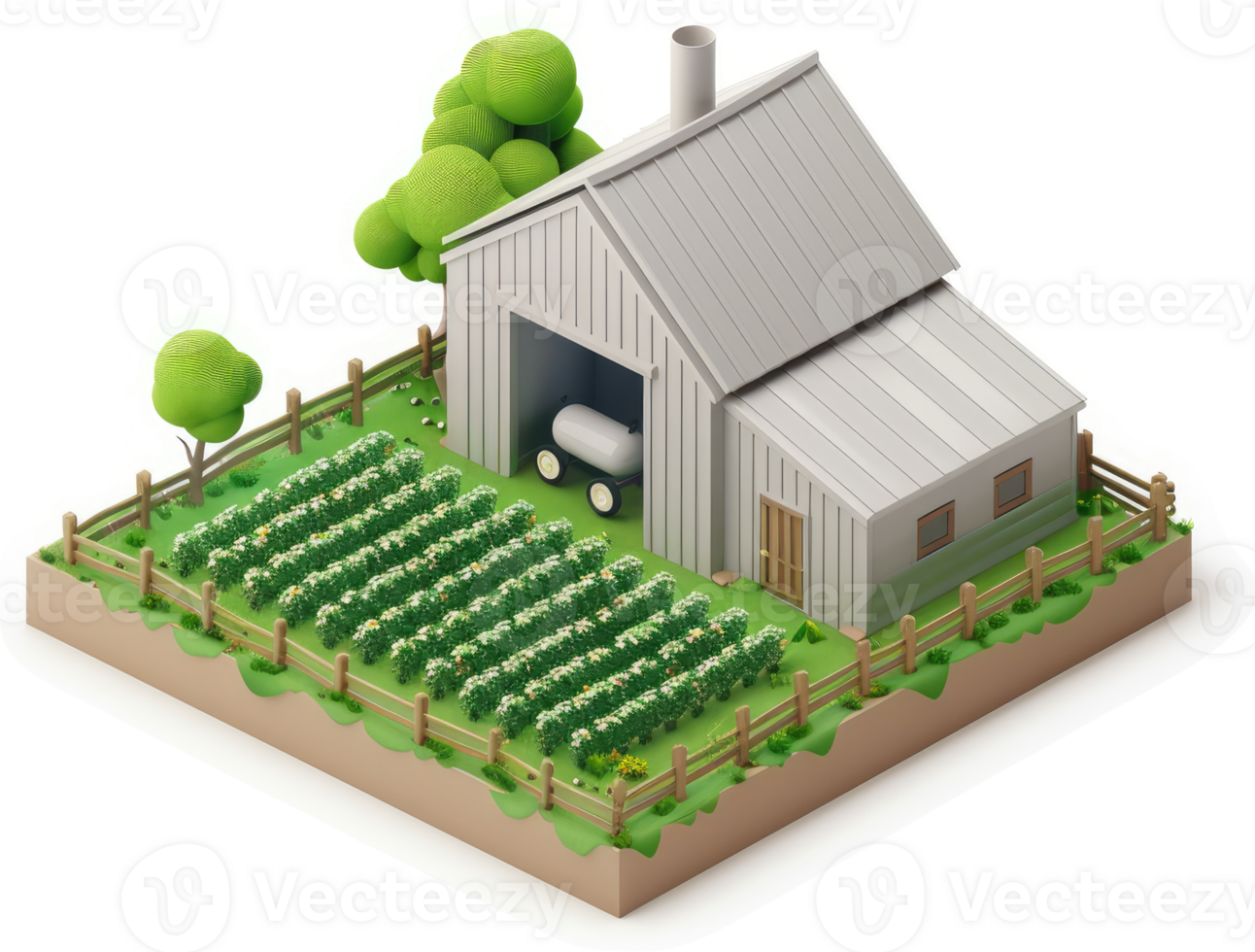 Rural farm scene with barn and crops. png