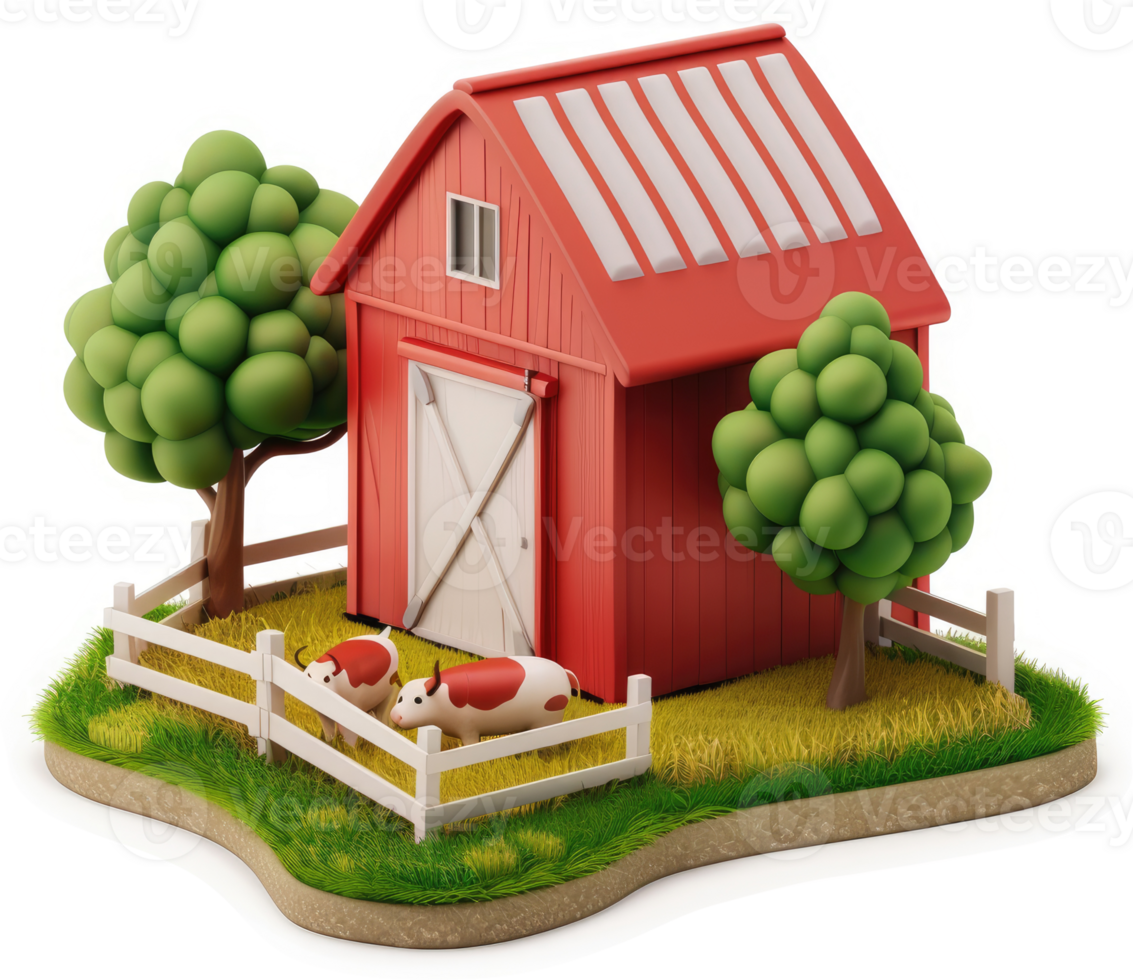 Rustic farm scene with barn and cows. png