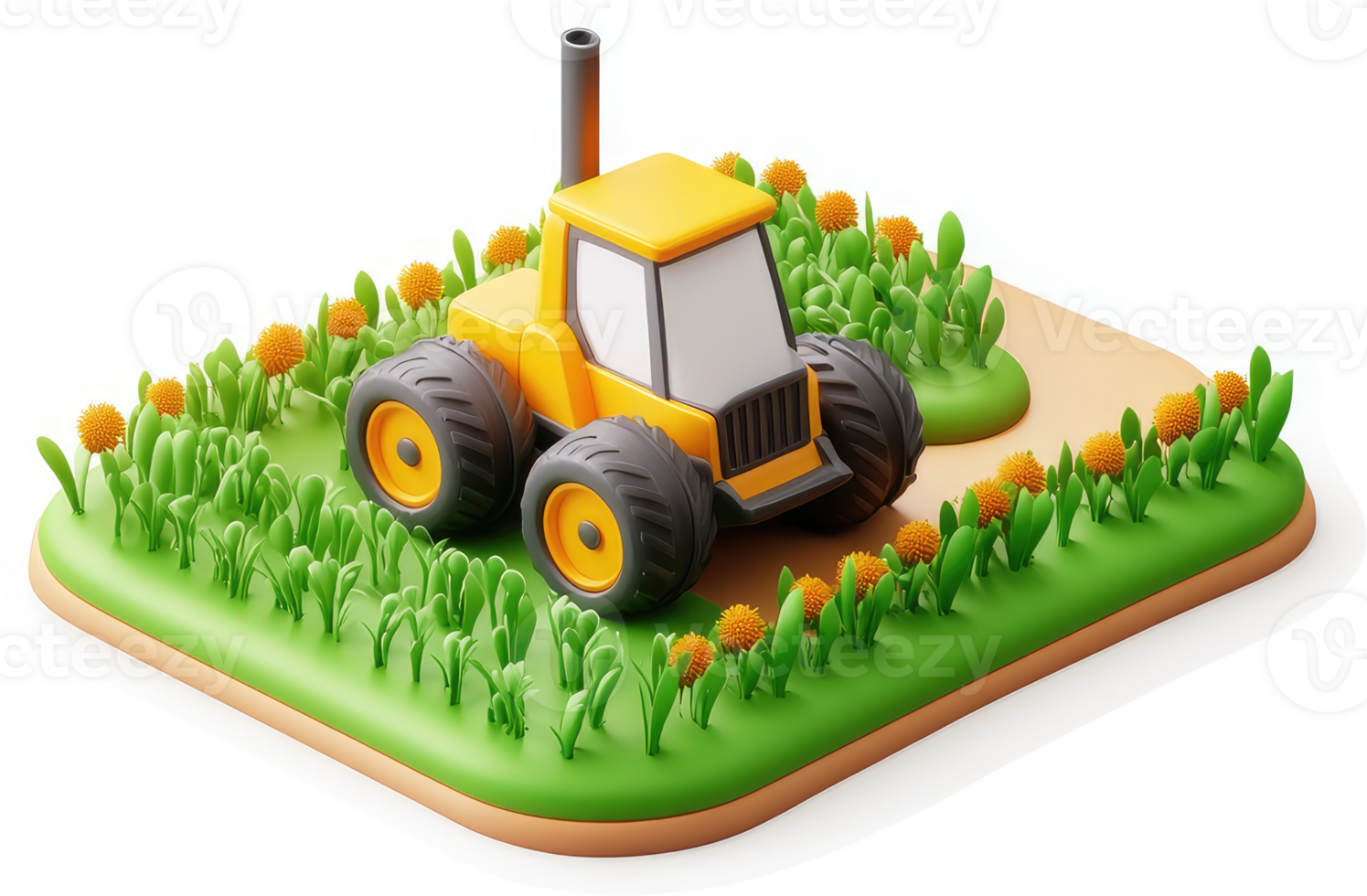 Cartoonish farm tractor on a stylized grassy field. png